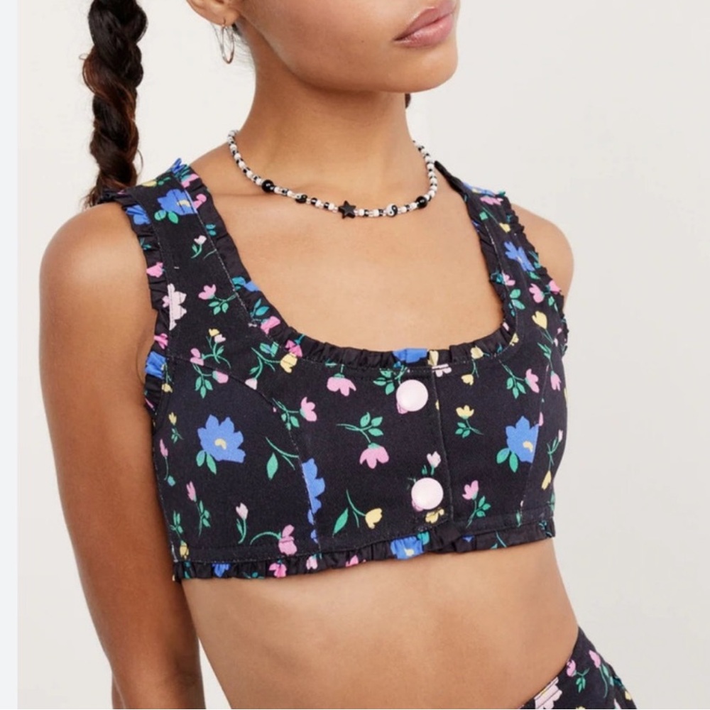 For Love & Lemons Robin Denim Floral Cropped Top NWT Size XS $140 MSRP Revolve
